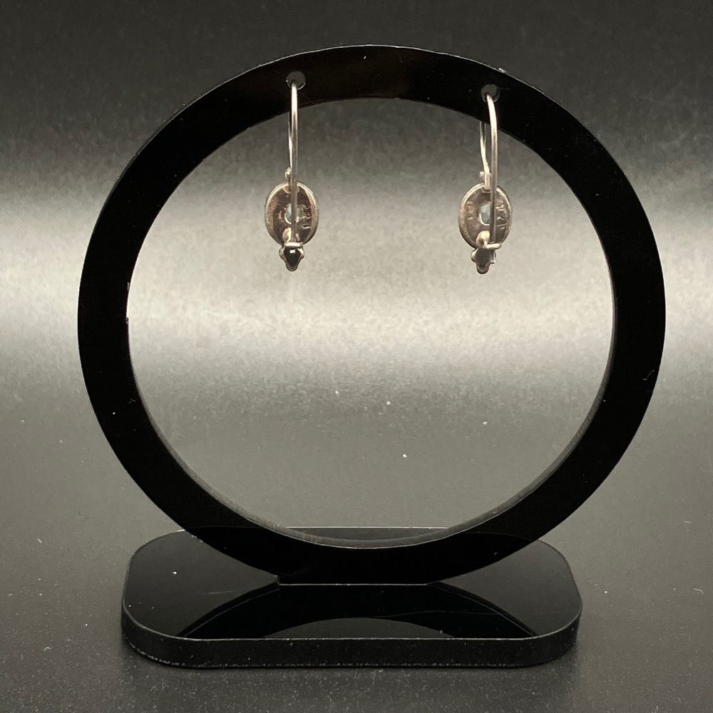 Vintage Sterling Silver Drop Earrings Blue Stone Oval Granulated Dangle - Picture 4 of 9